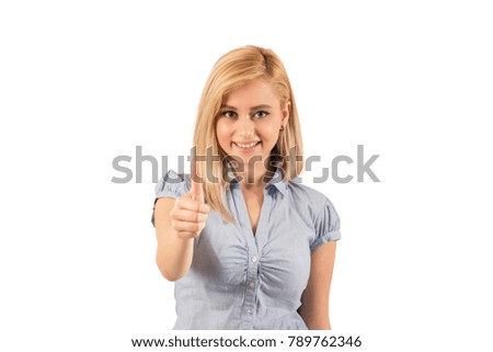 Cheerful woman with thumbs up - isolated over a white background