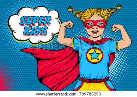 Wow face. Cute surprised blonde little girl dressed like superhero with open mouth shows her power and Super Kids speech bubble. Vector illustration in retro pop art comic style. Invitation poster. Royalty-Free Stock Photo #789788293