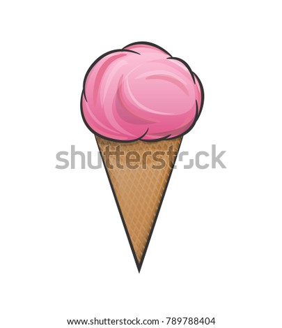 Ice cream pink fruit in waffle cup in cartoon style isolated on white background Illustration. Dairy, delicious dessert cool refreshing in the heat for your projects.