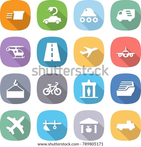 flat vector icon set - delivery vector, electric car, lunar rover, ambulance helicopter, road, plane, loading crane, bike, detector, cruise ship, plow, warehouse, pickup