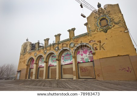 The abandoned, historic, Dreamland Roller Rink on the Coney Island boardwalk