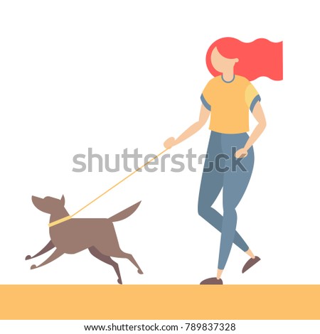 Girl walking with dog. Young woman character with pet. Vector illustration in simple and trendy flat style.