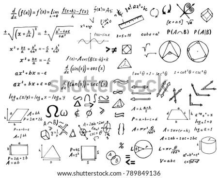 Set of hand drawn mathematical formulas and signs isolated on white background. Vector education and scientific illustration.