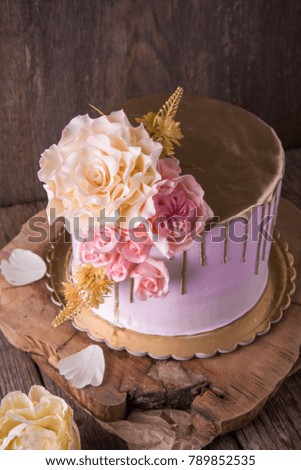 Wedding, festive, birthday  biscuit cake with pink peony. 