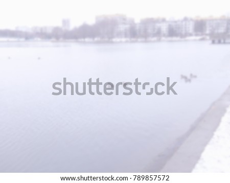 White blur abstract background from nature park with trees mountain and swimming ducks in the lake and sitting ones on the shore