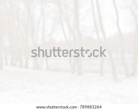 White blur abstract background from nature park with trees hills path and pavements covered with snow in the early spring