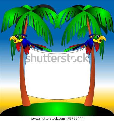 illustration two parrots on background of the palm keeps paper
