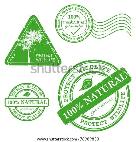 Natural product written inside the stamp. Green grunge rubber stamp with the text