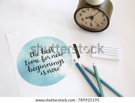Journal and Office Objects in Aqua, Teal, and Green with Brown Clock and Notes