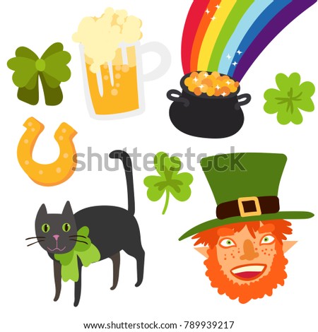 Happy St Patrick's Day celebration sticker set in flat style. Pot of gold, rainbow, glass of beer, leprechaun, black cat, clover leaf, horseshoe, green bow isolated on white.