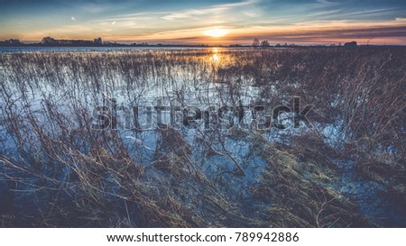 Flooded grass field and floodplains with a beautiful view of the flat landscape in the netherlands in the river delta with reflection in the water. photo made between Kampen and Zwolle, Overijssel