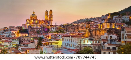 Panorama of Taxco city at sunset in Mexico Royalty-Free Stock Photo #789944743