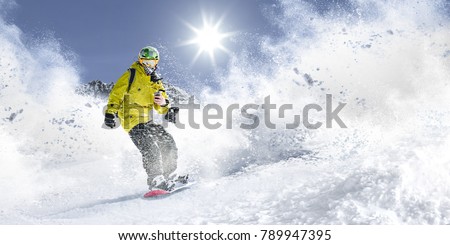Winter time. Skier and mountains landscape 
