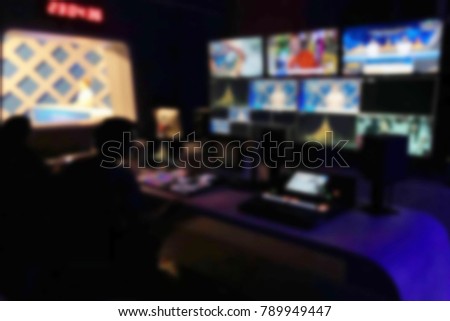 Blur image video switch of television broadcast, working with video and audio mixer, control broadcasts in recording studio. technology concept.