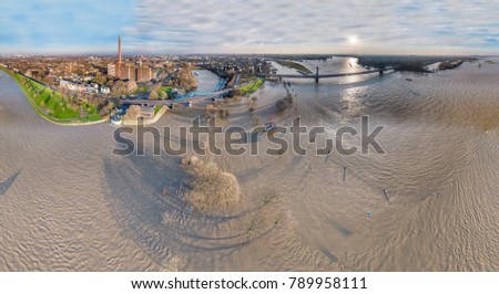 Aerial view of the skyline of the city of Duisburg in Germany during the Flooding of January 2018