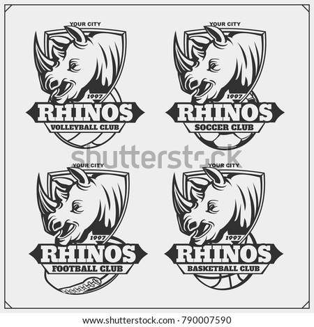 Volleyball, baseball, soccer and football logos and labels. Sport club emblems with rhino.
