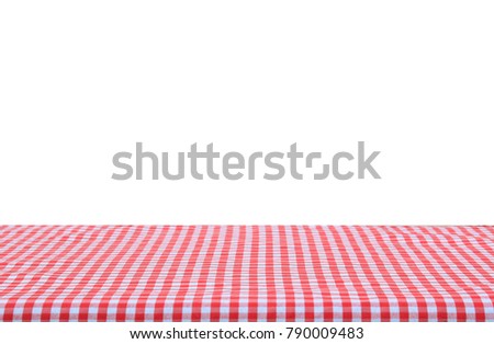 Red classic checkered tablecloth on white background with copy space