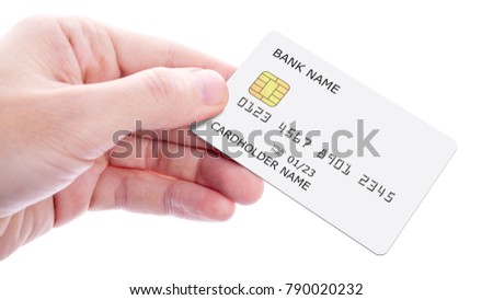 Hand holding credit card, isolated on white background