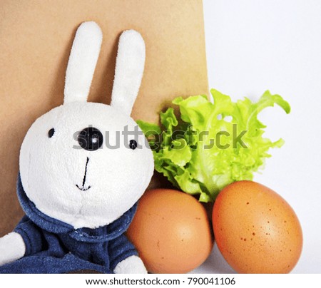 Easter Bunny Doll with Eggs and green vegetable on brown paper bag and white background.