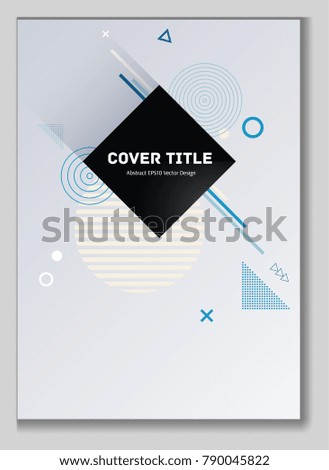 Dynamic memphis design placard background with beige, white and blue shapes. Cool memphis template placard page. Front page graphic design for school notebook, dairy or notepad.