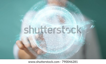 Businesswoman on blurred background using digital network connection sphere 3D rendering