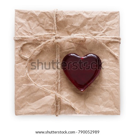 Lover's day creative present old paper with three-dimensional red heart. . Valentine holiday confession or proposal concept