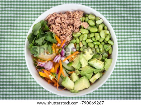 Buddha bowl of mixed vegetable with avocado and tuna fish