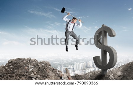 Jumping businessman crashing big dollar symbol with city view on background. 3D rendering.