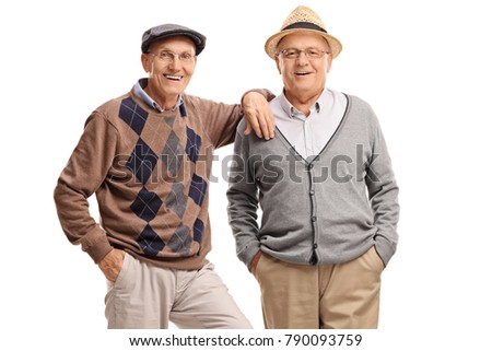 Two elderly men looking at the camera and smiling isolated on white background