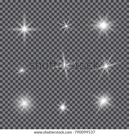 Vector set of glare lighting, twinkle lens flares. Transparent gradient stars, lightning flare. Magic, bright, natural effects. Abstract texture for your design and business. Royalty-Free Stock Photo #790099537