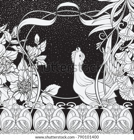 Poster, background with decorative flowers and bird in art nouveau style. Black-and-white graphics.
Vector illustration.