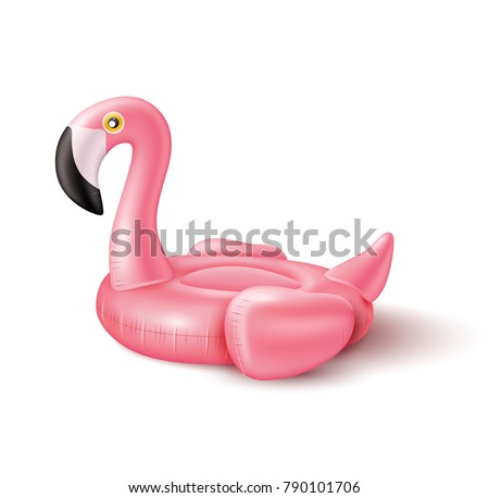 Vector realistic 3d pink flamingo, tropical bird shape inflatable swimming pool ring, tube, float. Summer vacation holiday rubber object, traveling, beach ocean. Illustration isolated white background Royalty-Free Stock Photo #790101706