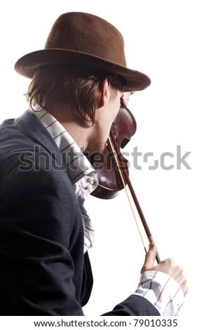 back of violinist playing the violin in hat and jacket on white background