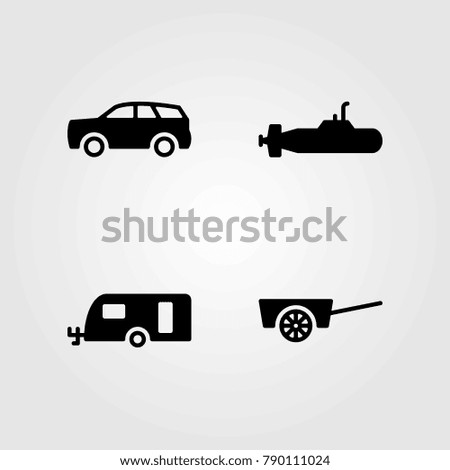 Transport vector icons set. cart, caravan and submarine