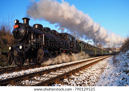 Steam locomotive, historic steam locomotive driving, Brno, Mikulov, Czech republic    Royalty-Free Stock Photo #790129525