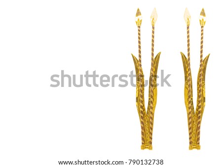 Ancient Scythian figurines of double arrows & feathers in hands (symbol of royal power) on white background. 