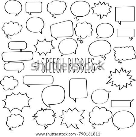 Fun freehand blank speech and thinking bubble doodles, Black outline empty exploding and cloud frame sketch, Different shape dialog & gossip icons, Comics, text, chat  element, Talking communication