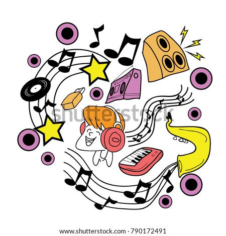 Hand drawn music ornament and object cartoon doodle