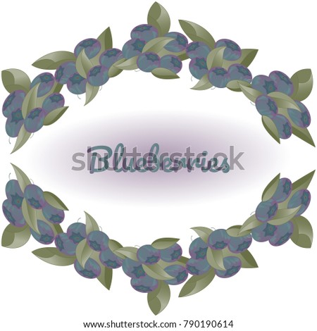 Wreath of bushes of blueberries on dark background. Vector illustration for design of packaging, stikers, flyers, postcards, posters.