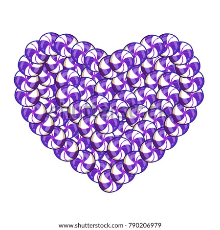 Sweet heart made of violet and white lollipops and candies isolated on white background. illustration, clip art symbol of love for design.