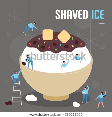 oversize shaved ice and downsizing characters snow party concept vector illustration flat design