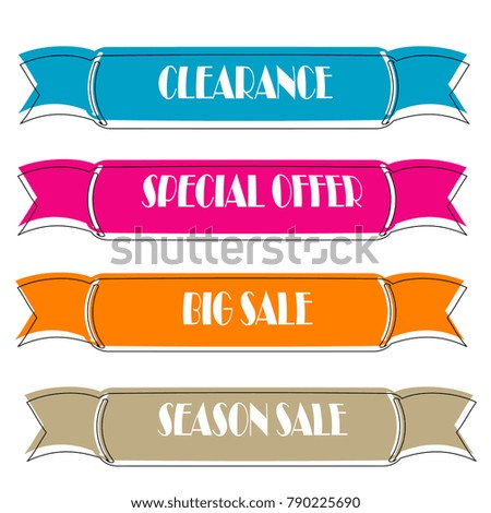 Set of Flat linear promotion ribbon banner scroll  price tag sticker badge poster isolated on white background