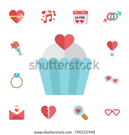 Valentine cupcake icon with heart shaped cherry in flat style. Digital vector february happy valentine's day and wedding celebration color simple flat icon set on white background
