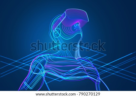 Man wearing virtual reality glasses. Abstract vr world with neon lines. Vector illustration Royalty-Free Stock Photo #790270129