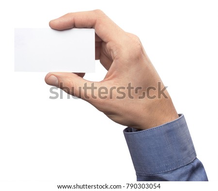 Mockup business card horizontal empty blank holds the man in his hand in shirt. Isolated on a white background