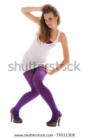 Young woman in violet stockings isolated in white