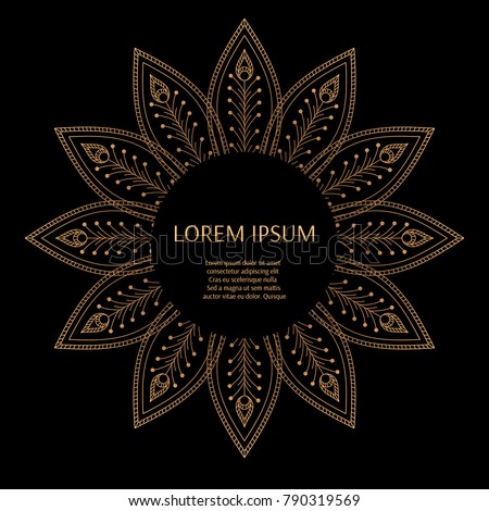 Luxury background vector. Peacock feathers royal pattern frame. Golden indian design for beauty spa salon logo flyer, wedding party invitation, anniversary greeting, holiday christmas card template.
