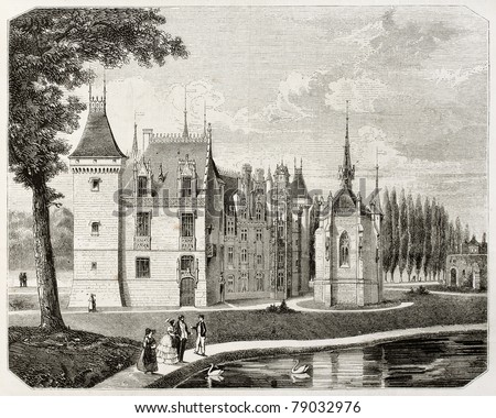 Old illustration of Meillant castle, Cher department, France. Created by Renard and Pontenier, published on Magasin Pittoresque, Paris, 1850