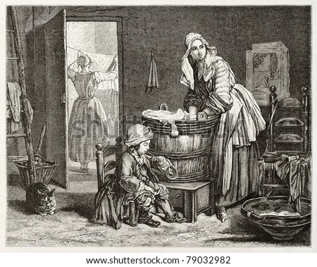 Old illustration of a laundress. Created by Bocourt after Chardin, published on Magasin Pittoresque, Paris, 1850