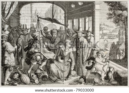 Old satyric illustration about marriage. Created by Adamarc and Pontenier after print of unidentified author in 1613. Published on Magasin Pittoresque, Paris, 1850
